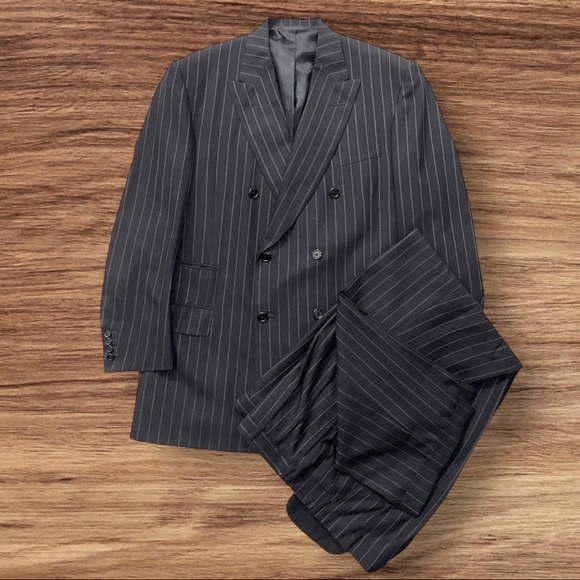 Oxxford Crest Mens 2-PC Double Breasted Super 100’s Navy Pinstripe Wool Suit 48L - Picture 1 of 16